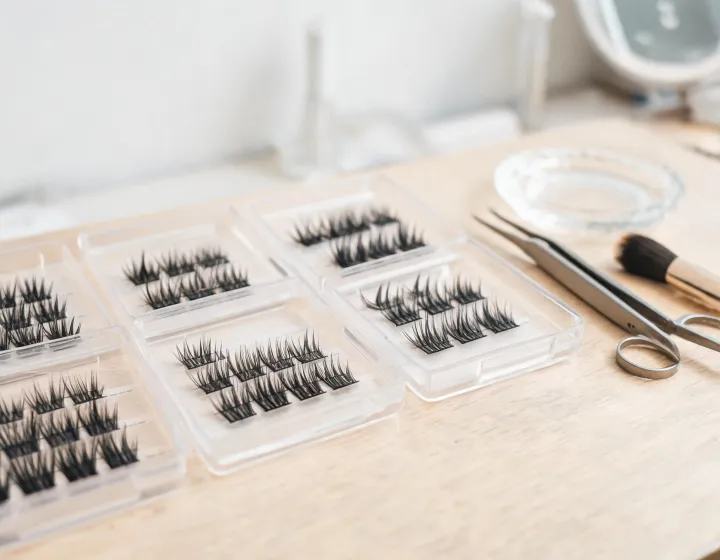 wispy volume lashes on a cosmetics bench, illustration only